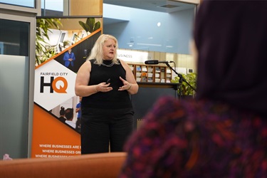 Guest speaker Lee de Winton at the International Women's Day event held at Fairfield City HQ