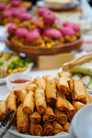 Platters of spring rolls and other savoury food