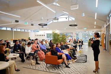 Photo of Rebecca Di Noia speaking at Small Business Month 2023 held at Fairfield City HQ