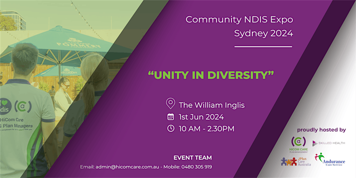 Unity in Diversity Disability Expo, Saturday 1 June 2024, 10am to 2:30pm, The William Inglis Hotel, 155 Governor Macquarie Drive, Warwick Farm NSW 2170